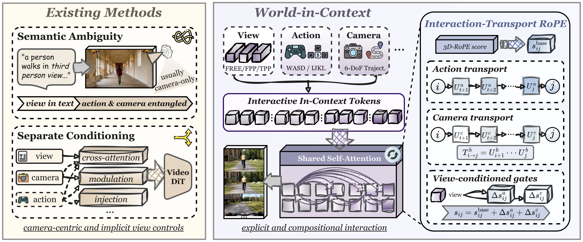 In-Context Conditioning unifies view, action, and camera tokens with visual latents through shared self-attention. Interaction-Transport RoPE models accumulated control transitions.